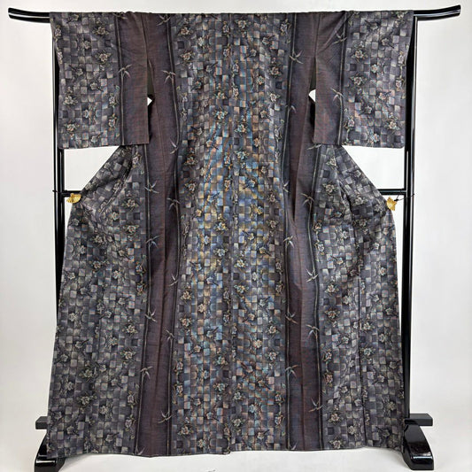 【美品】 紬織 身長171cm 袖長67cm M 雙層 草花紋紋 市松樹 灰紫 純蠶絲 秀品級
