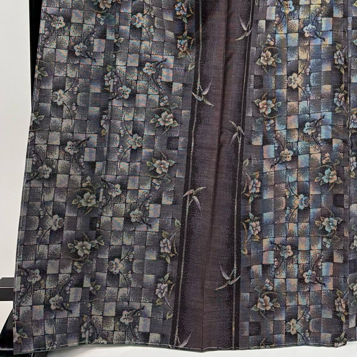 【美品】 紬織 身長171cm 袖長67cm M 雙層 草花紋紋 市松樹 灰紫 純蠶絲 秀品級