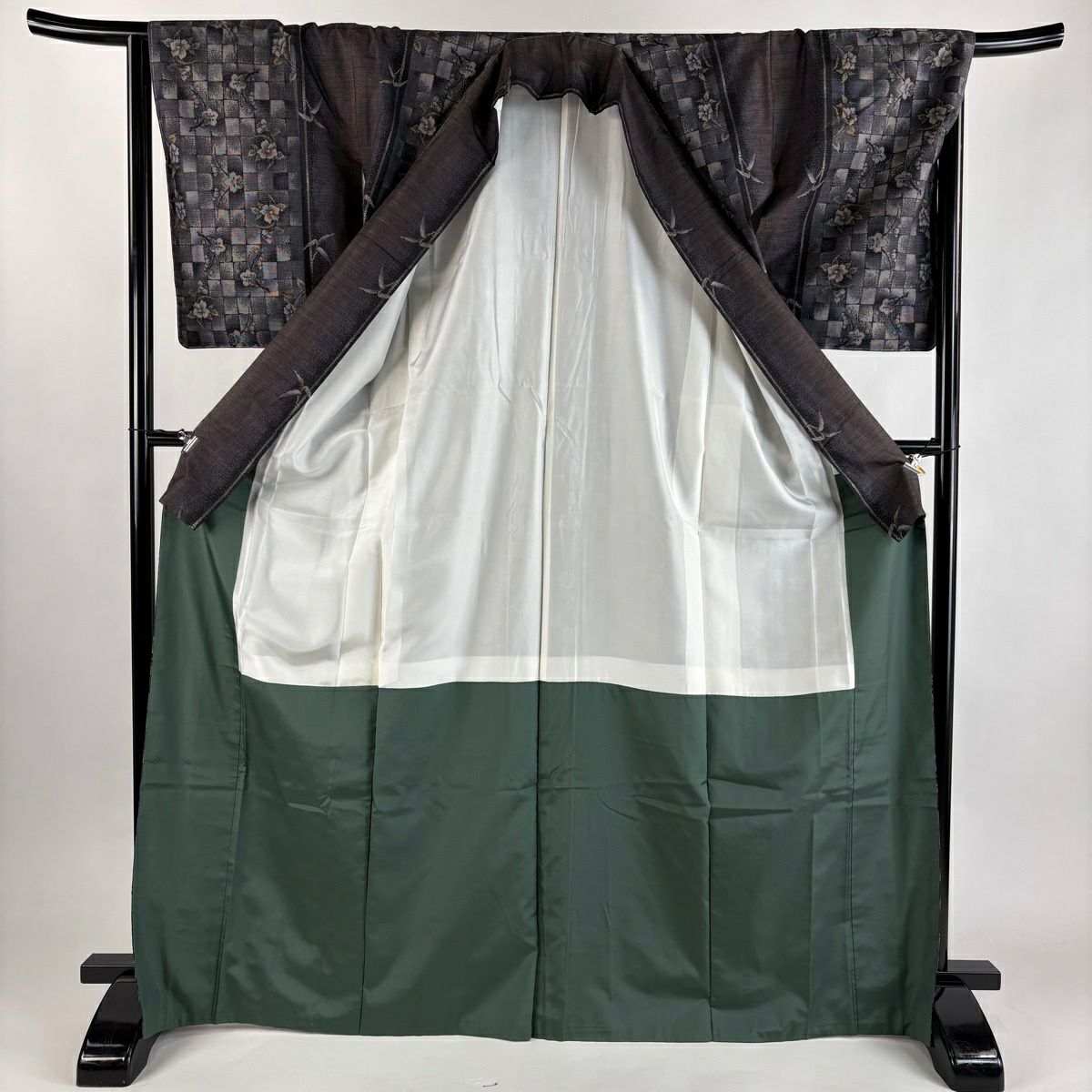 【美品】 紬織 身長171cm 袖長67cm M 雙層 草花紋紋 市松樹 灰紫 純蠶絲 秀品級