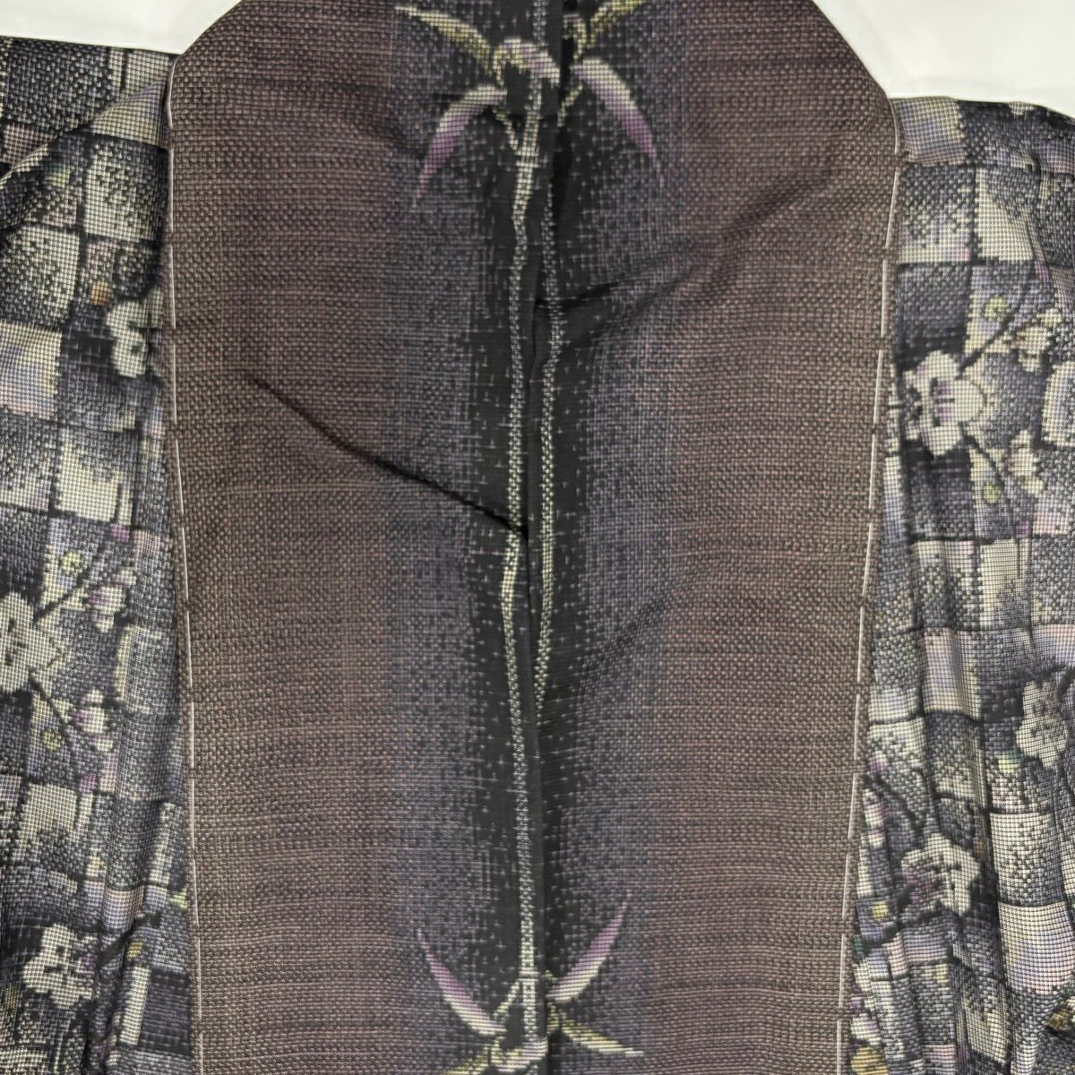 【美品】 紬織 身長171cm 袖長67cm M 雙層 草花紋紋 市松樹 灰紫 純蠶絲 秀品級