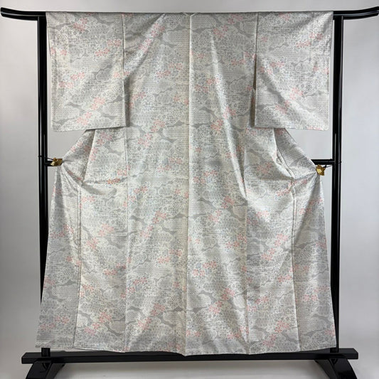 大島紬織 身長157.5cm 袖長63cm S 雙層 草花紋紋 雲文 灰白 純蠶絲 秀品級