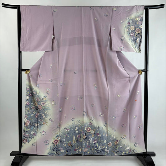 訪問服 身長160cm 袖長64cm M 雙層 落款あり 草花紋紋 金彩裝飾 漸變 薄紫 純蠶絲 秀品級