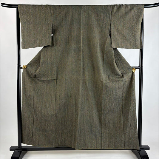 【美品】 小紋 身長159cm 袖長66.5cm M 雙層 紬織織 幾何學圖案 絞染 灰綠 純蠶絲 秀品級