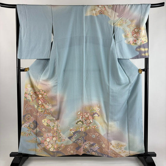 訪問服 身長159cm 袖長68.5cm L 雙層 菊花 龜甲 金絲 金銀彩 水色 純蠶絲 秀品級