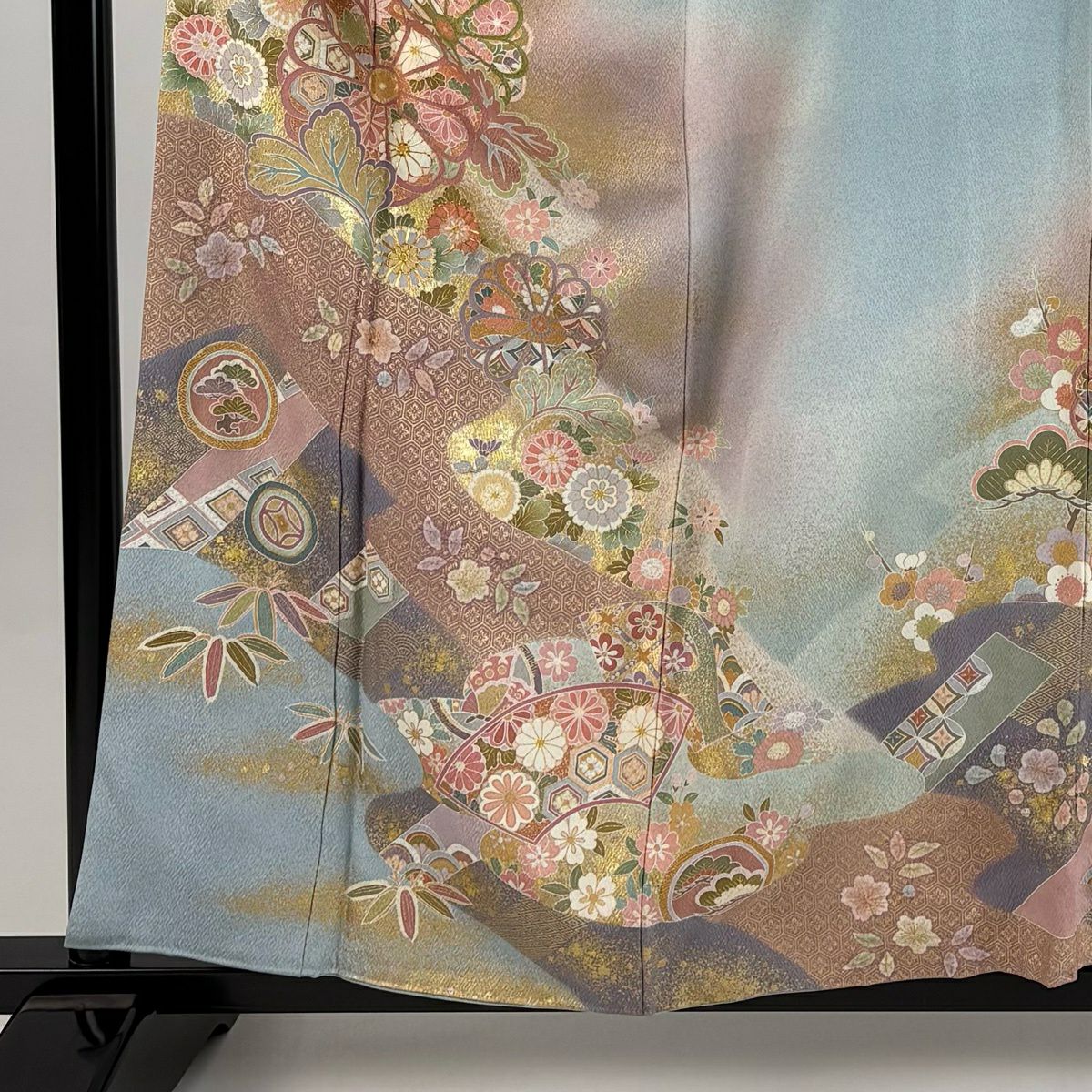 訪問服 身長159cm 袖長68.5cm L 雙層 菊花 龜甲 金絲 金銀彩 水色 純蠶絲 秀品級