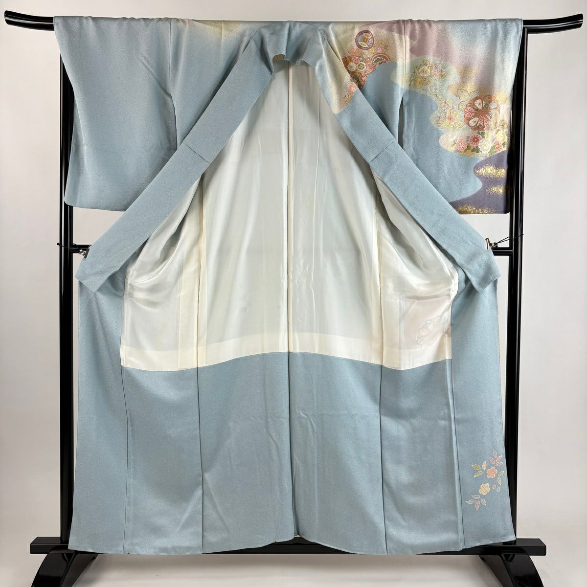 訪問服 身長159cm 袖長68.5cm L 雙層 菊花 龜甲 金絲 金銀彩 水色 純蠶絲 秀品級