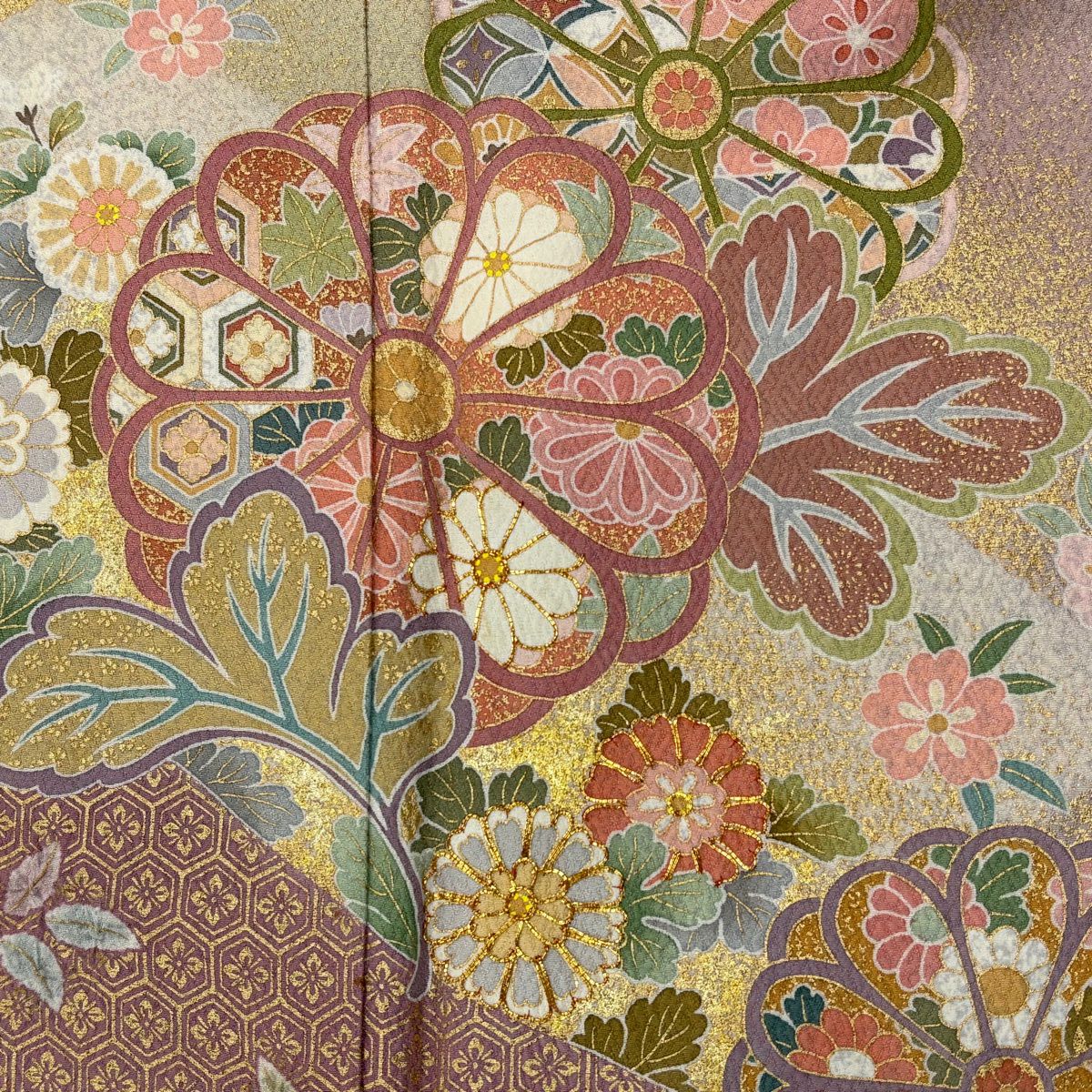 訪問服 身長159cm 袖長68.5cm L 雙層 菊花 龜甲 金絲 金銀彩 水色 純蠶絲 秀品級