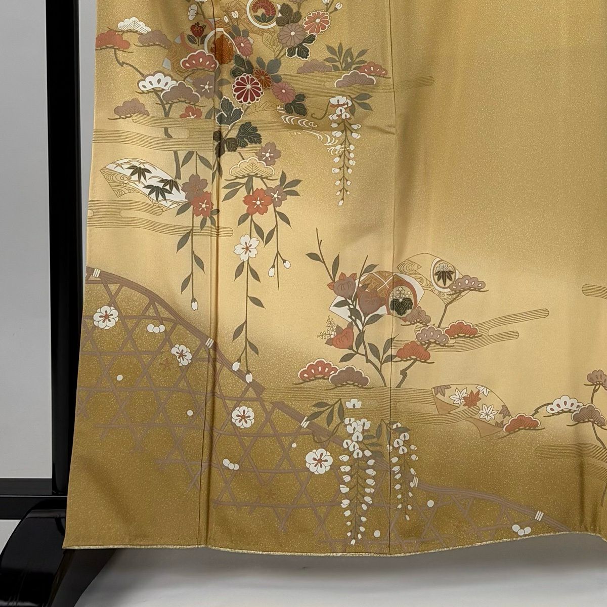 訪問服 身長162cm 袖長66cm M 雙層 菊花 松樹竹子梅花 金銀彩 漸變 山吹 純蠶絲 優品級