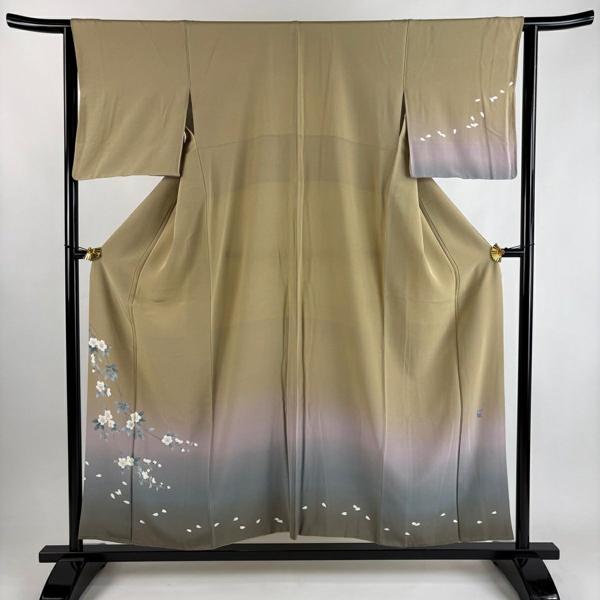 付下 身長153.5cm 袖長64.5cm M 雙層 落款有 櫻花花瓣 染分 漸層 灰綠 純蠶絲 優品級