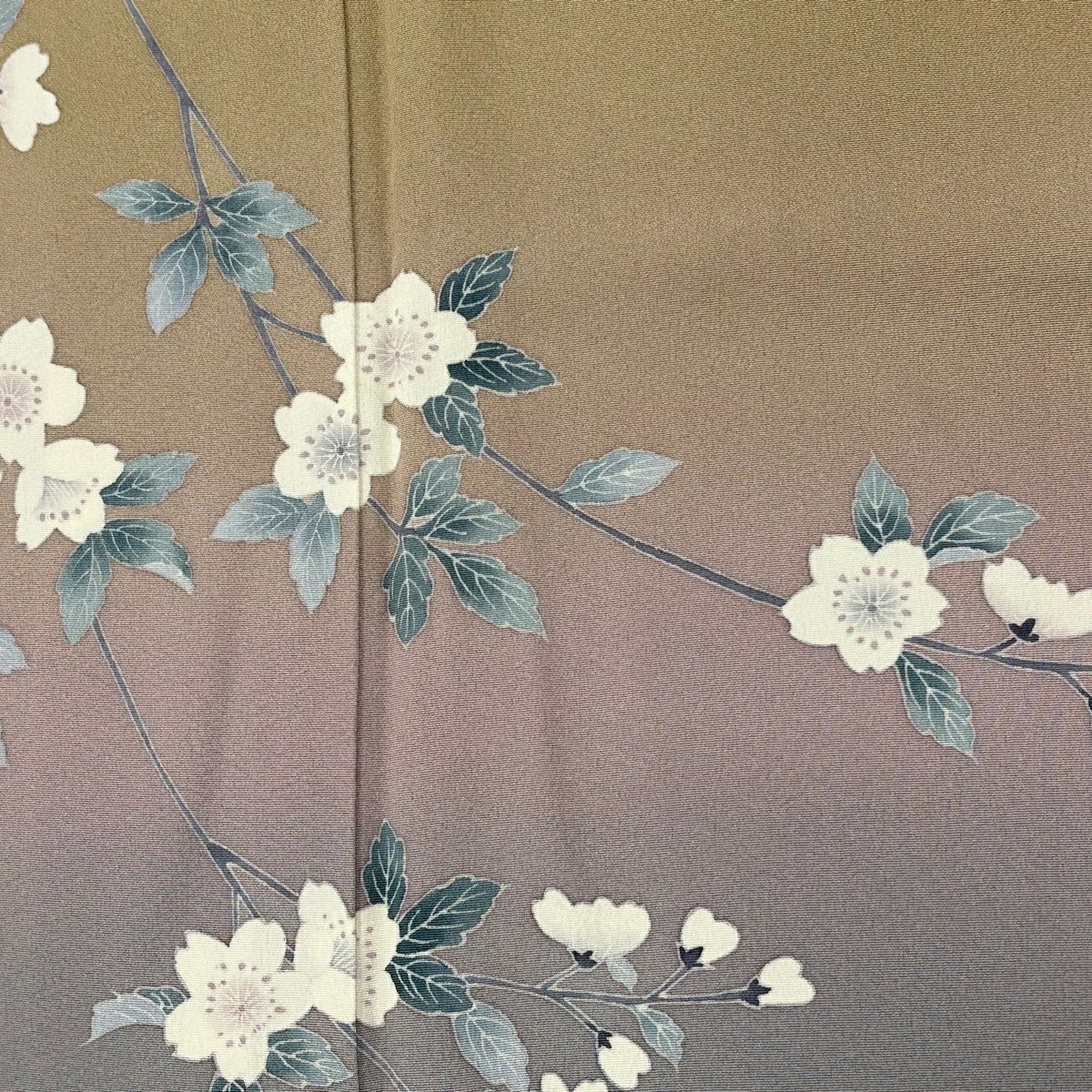 付下 身長153.5cm 袖長64.5cm M 雙層 落款有 櫻花花瓣 染分 漸層 灰綠 純蠶絲 優品級