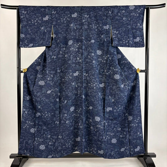 【美品】 小紋 身長156.5cm 袖長64cm M 雙層 唐草紋 草花紋紋 絞染 深藍 純蠶絲 秀品級