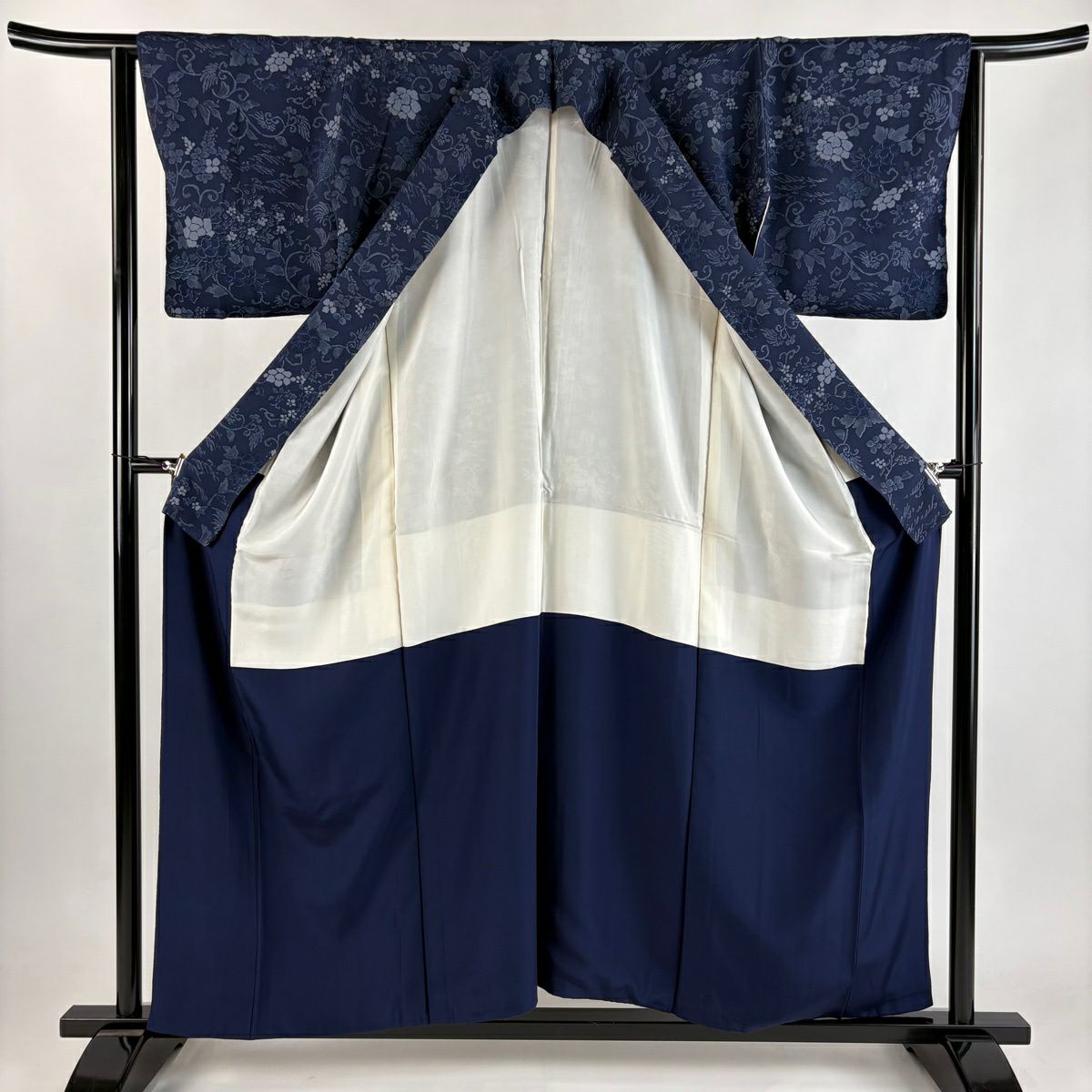 【美品】 小紋 身長156.5cm 袖長64cm M 雙層 唐草紋 草花紋紋 絞染 深藍 純蠶絲 秀品級