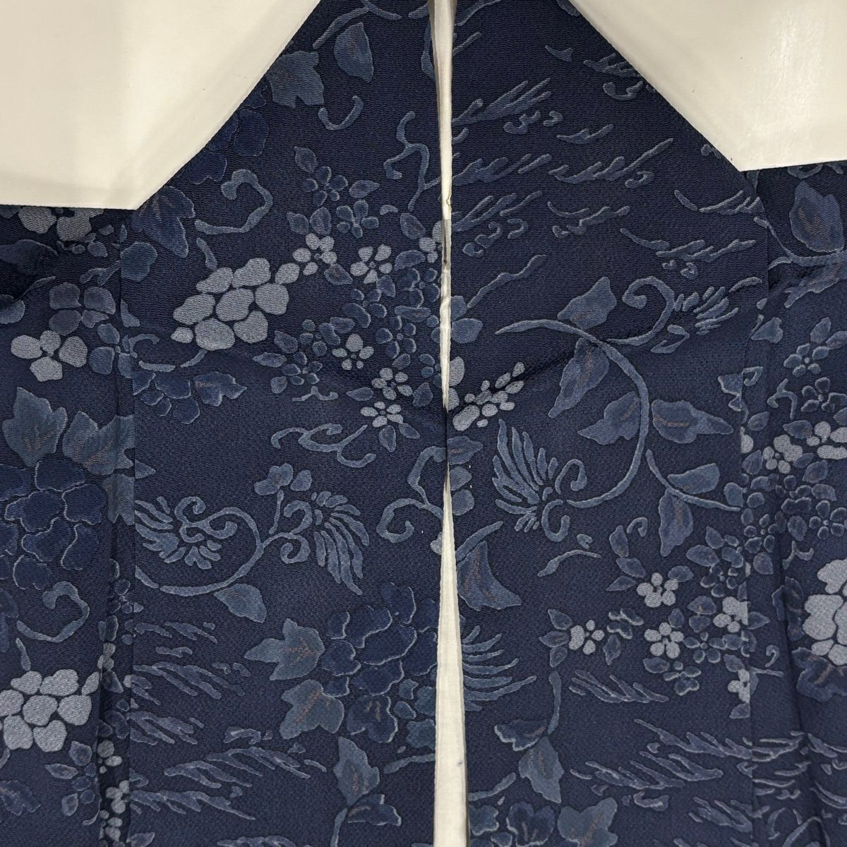 【美品】 小紋 身長156.5cm 袖長64cm M 雙層 唐草紋 草花紋紋 絞染 深藍 純蠶絲 秀品級