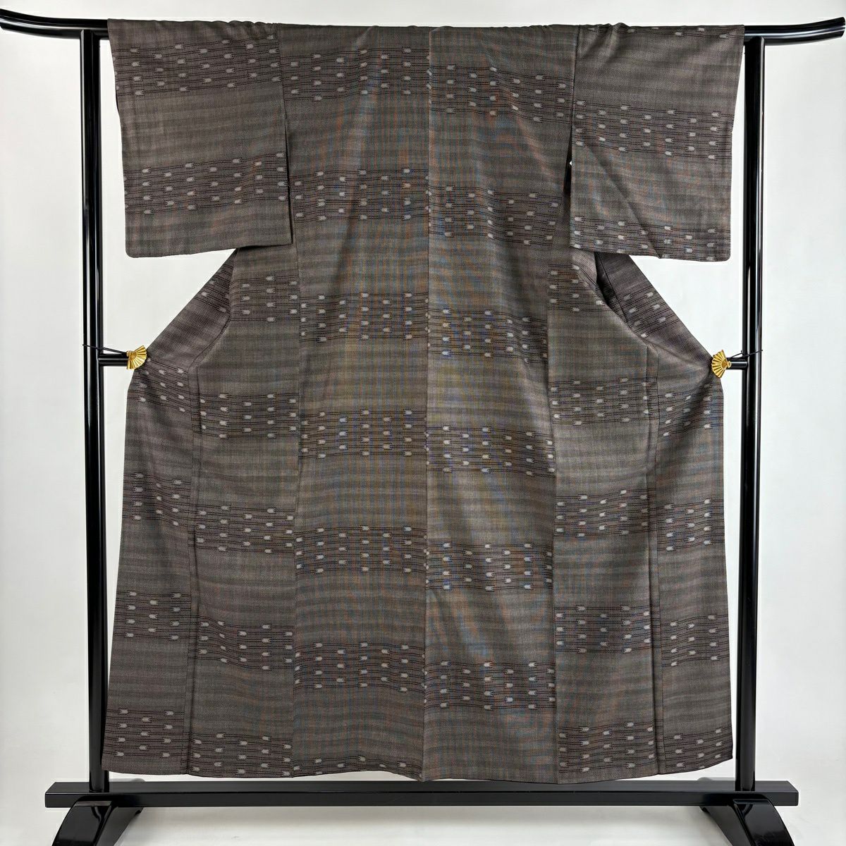 【美品】 紬織 身長156cm 袖長63cm S 雙層 矢羽根 縞 焦茶 純蠶絲 秀品級