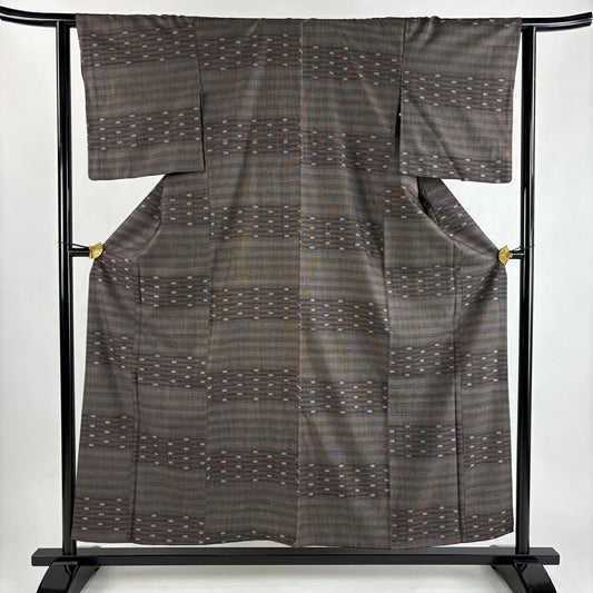 【美品】 紬織 身長156cm 袖長63cm S 雙層 矢羽根 縞 焦茶 純蠶絲 秀品級