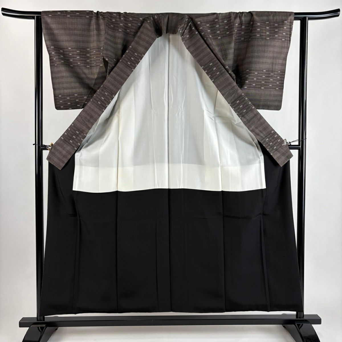 【美品】 紬織 身長156cm 袖長63cm S 雙層 矢羽根 縞 焦茶 純蠶絲 秀品級