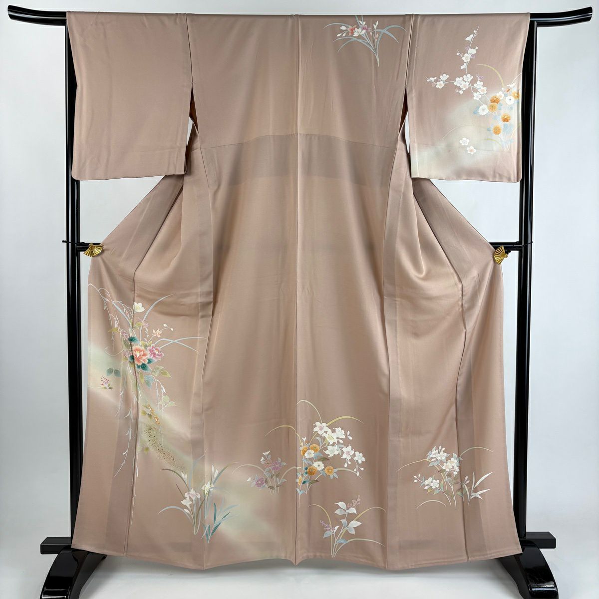 訪問服 身長163cm 袖長65.5cm M 單層 草花紋紋 金彩裝飾 漸層 粉米色 純蠶絲 優品級