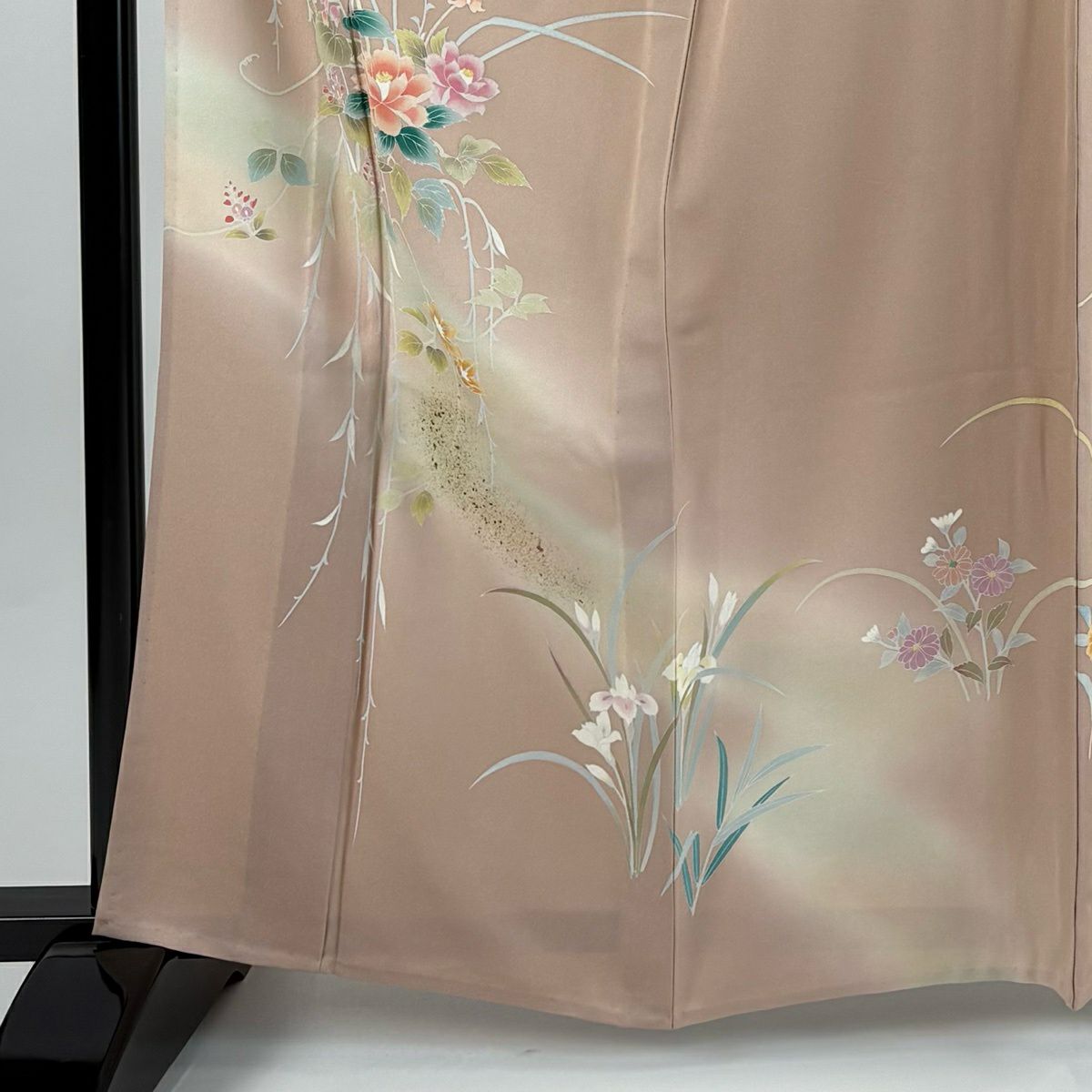 訪問服 身長163cm 袖長65.5cm M 單層 草花紋紋 金彩裝飾 漸層 粉米色 純蠶絲 優品級
