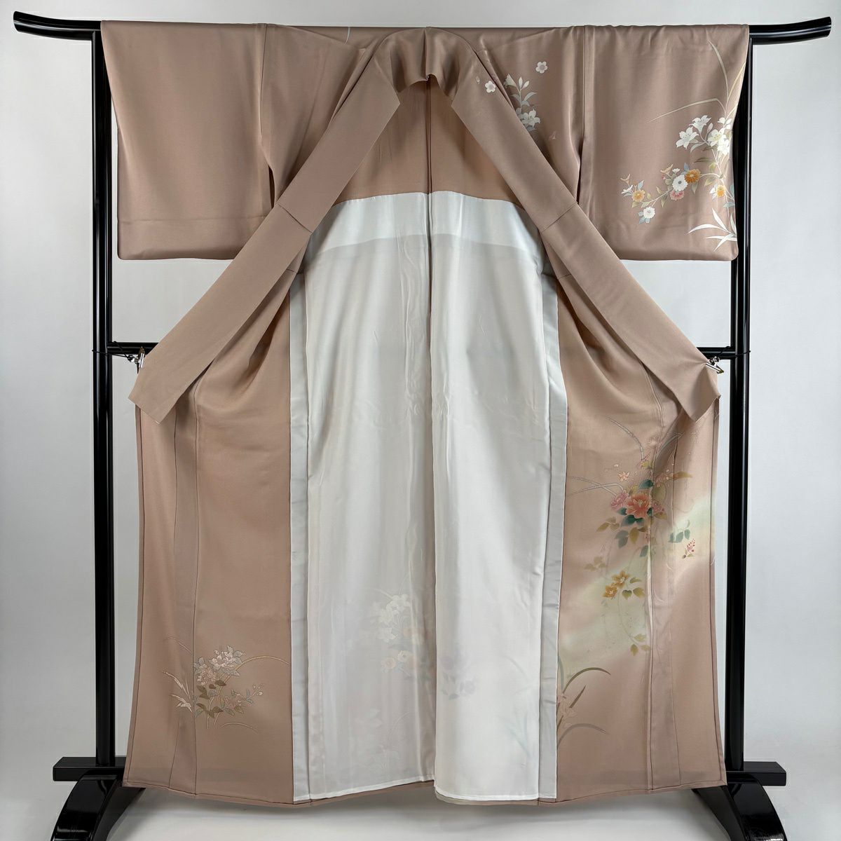 訪問服 身長163cm 袖長65.5cm M 單層 草花紋紋 金彩裝飾 漸層 粉米色 純蠶絲 優品級