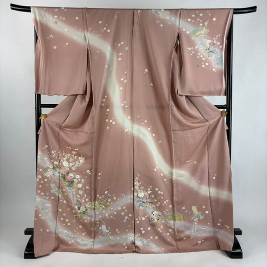 訪問服 身長175cm 袖長69cm L 未仕立 雜花 扇子面 金絲 金銀彩 粉紅 純蠶絲 優品級