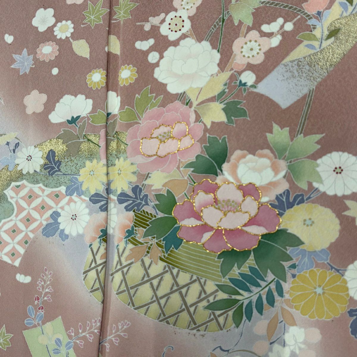 訪問服 身長175cm 袖長69cm L 未仕立 雜花 扇子面 金絲 金銀彩 粉紅 純蠶絲 優品級