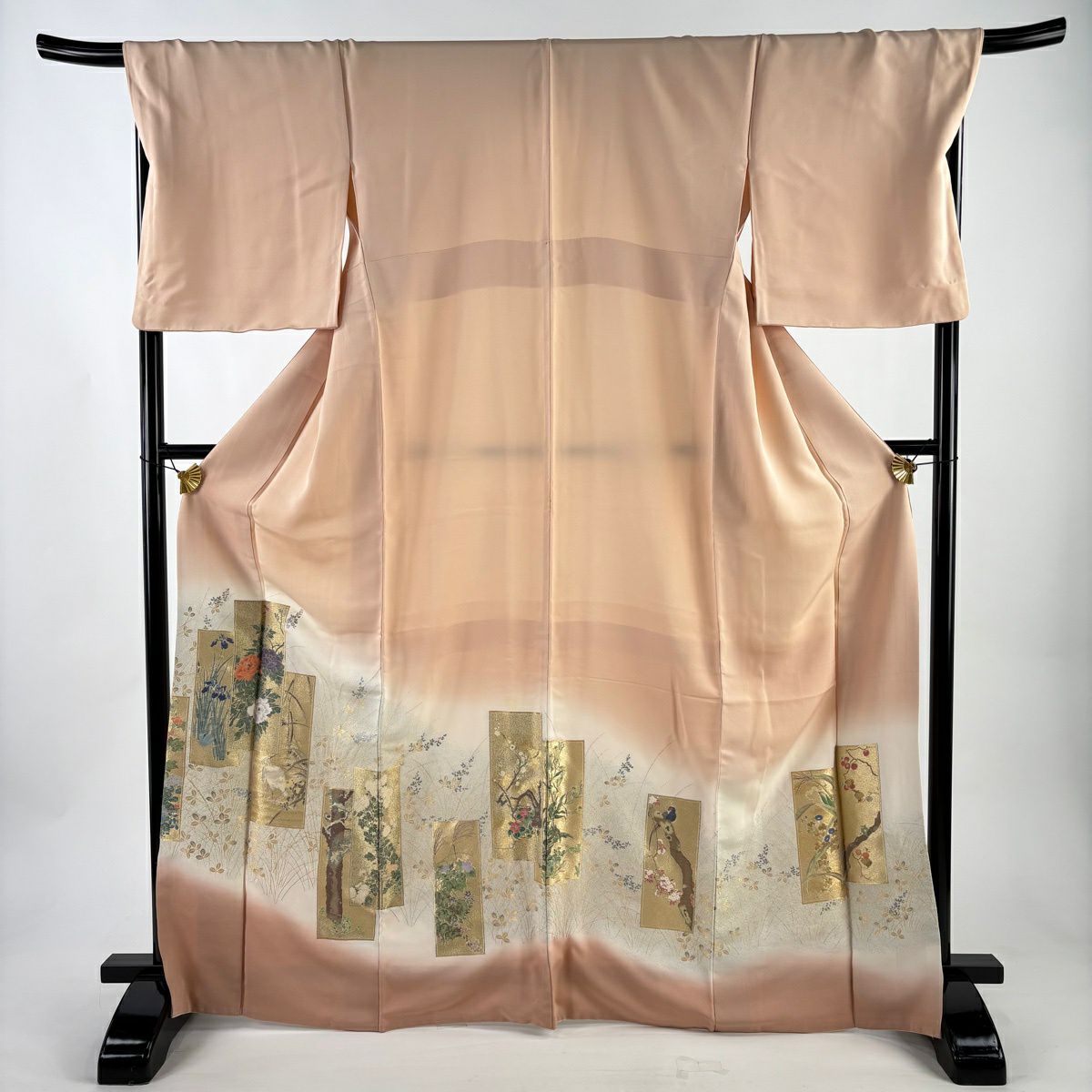 留袖禮服禮服 身長168cm 袖長70cm L 雙層 短冊 花鳥 金糸 漸層 粉米色 純蠶絲 優品級