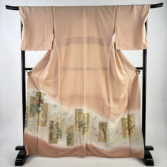 留袖禮服禮服 身長168cm 袖長70cm L 雙層 短冊 花鳥 金糸 漸層 粉米色 純蠶絲 優品級