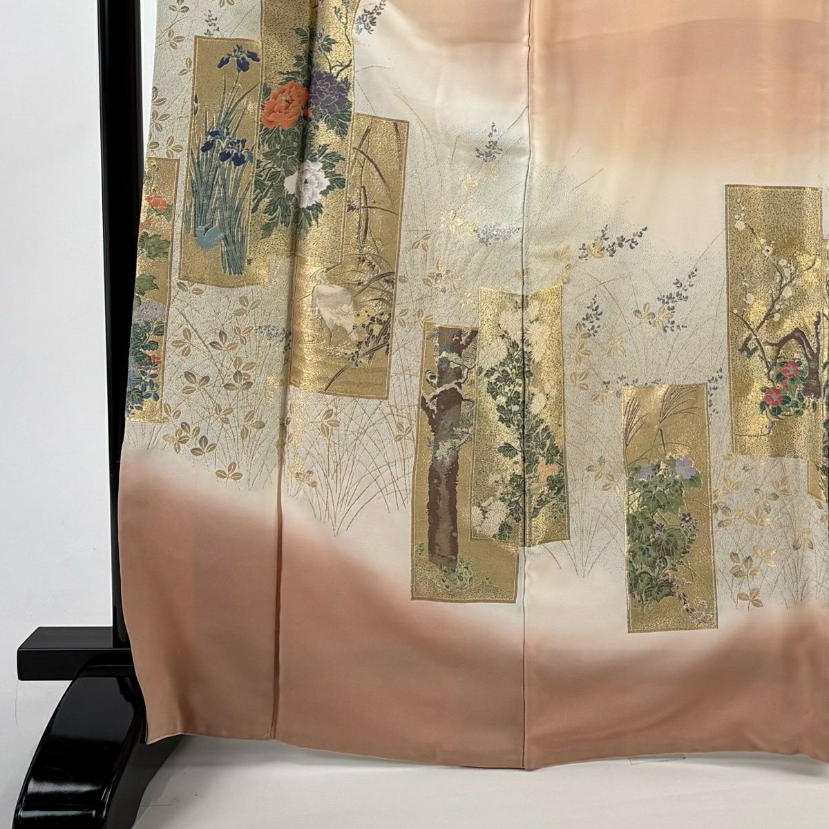 留袖禮服禮服 身長168cm 袖長70cm L 雙層 短冊 花鳥 金糸 漸層 粉米色 純蠶絲 優品級
