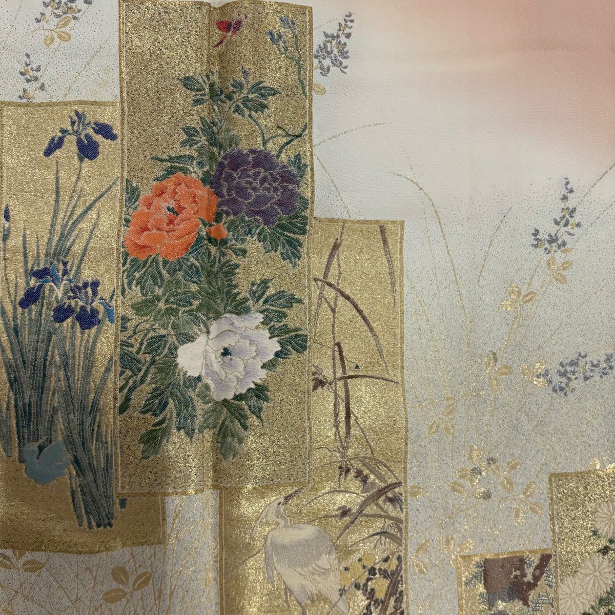 留袖禮服禮服 身長168cm 袖長70cm L 雙層 短冊 花鳥 金糸 漸層 粉米色 純蠶絲 優品級