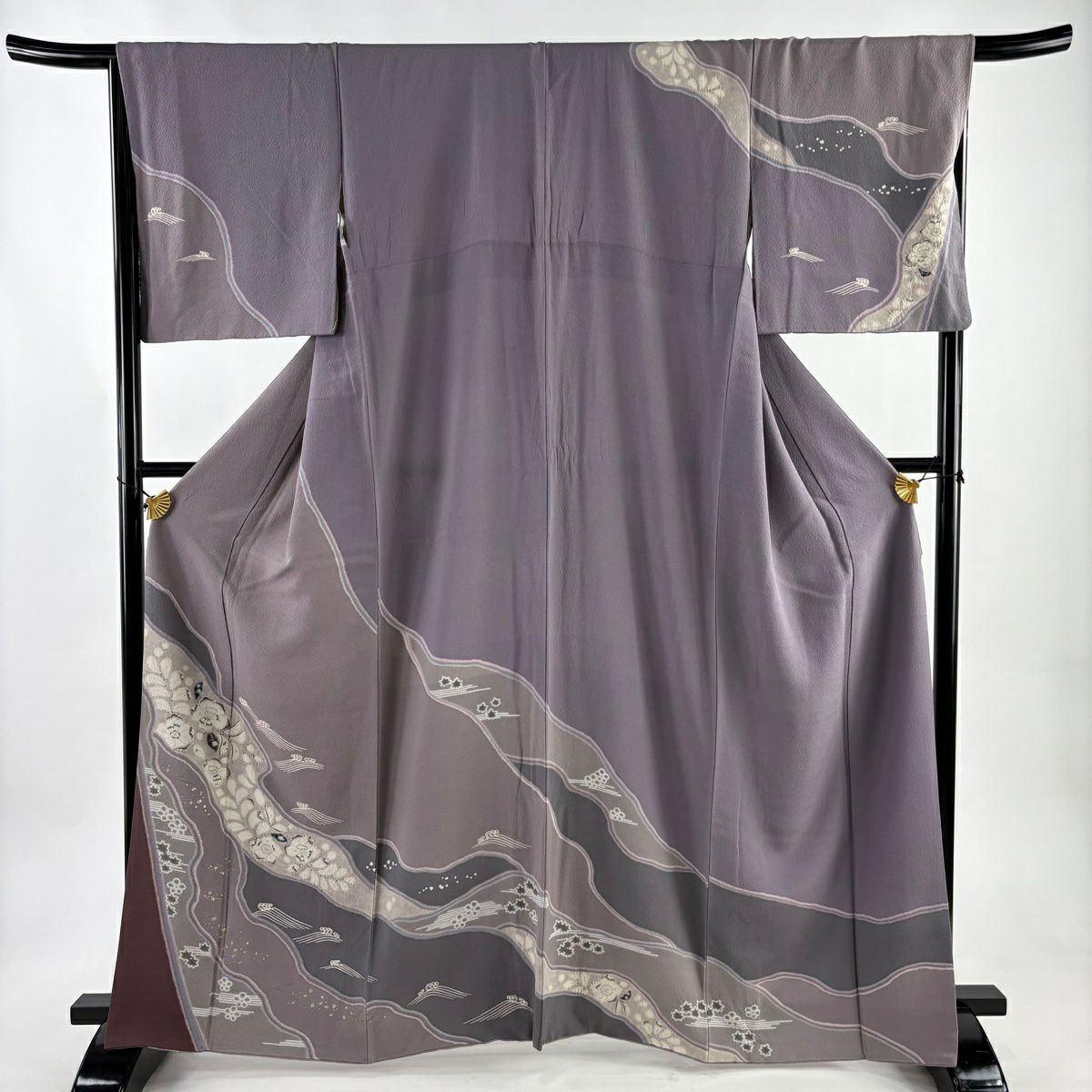 訪問服 身長163.5cm 袖長67.5cm L 雙層 大和 草花紋紋 波頭 金銀彩 灰紫 純蠶絲 秀品級