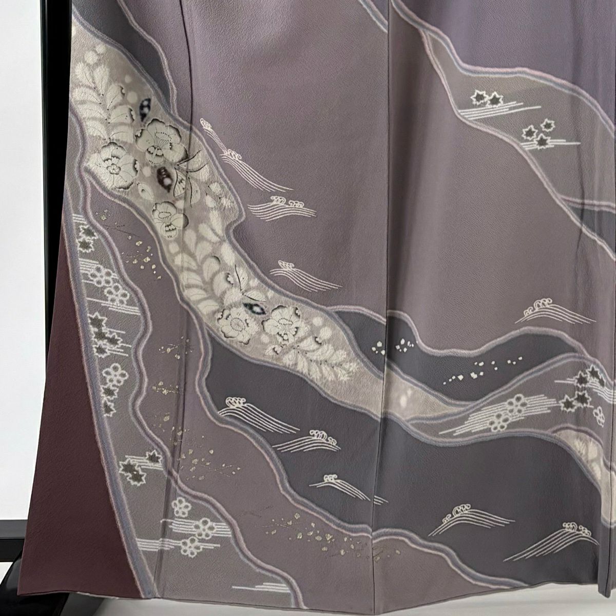 訪問服 身長163.5cm 袖長67.5cm L 雙層 大和 草花紋紋 波頭 金銀彩 灰紫 純蠶絲 秀品級