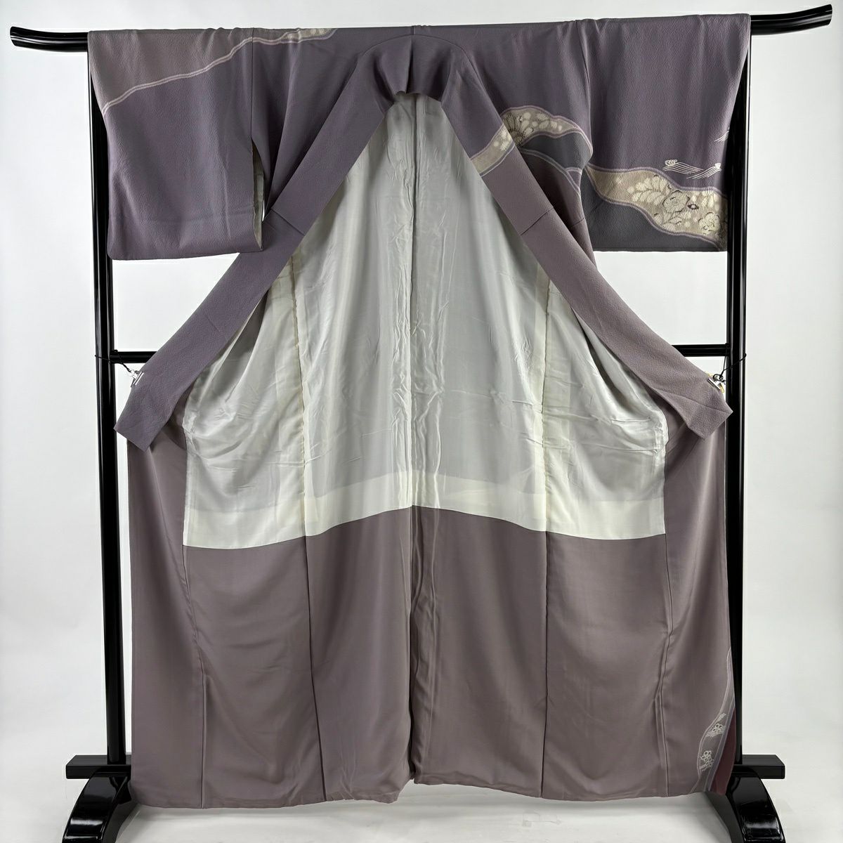 訪問服 身長163.5cm 袖長67.5cm L 雙層 大和 草花紋紋 波頭 金銀彩 灰紫 純蠶絲 秀品級