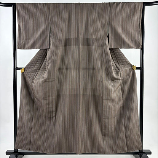 【美品】 紬織 身長158cm 袖長64cm M 雙層 縱條 茶 純蠶絲 秀品級