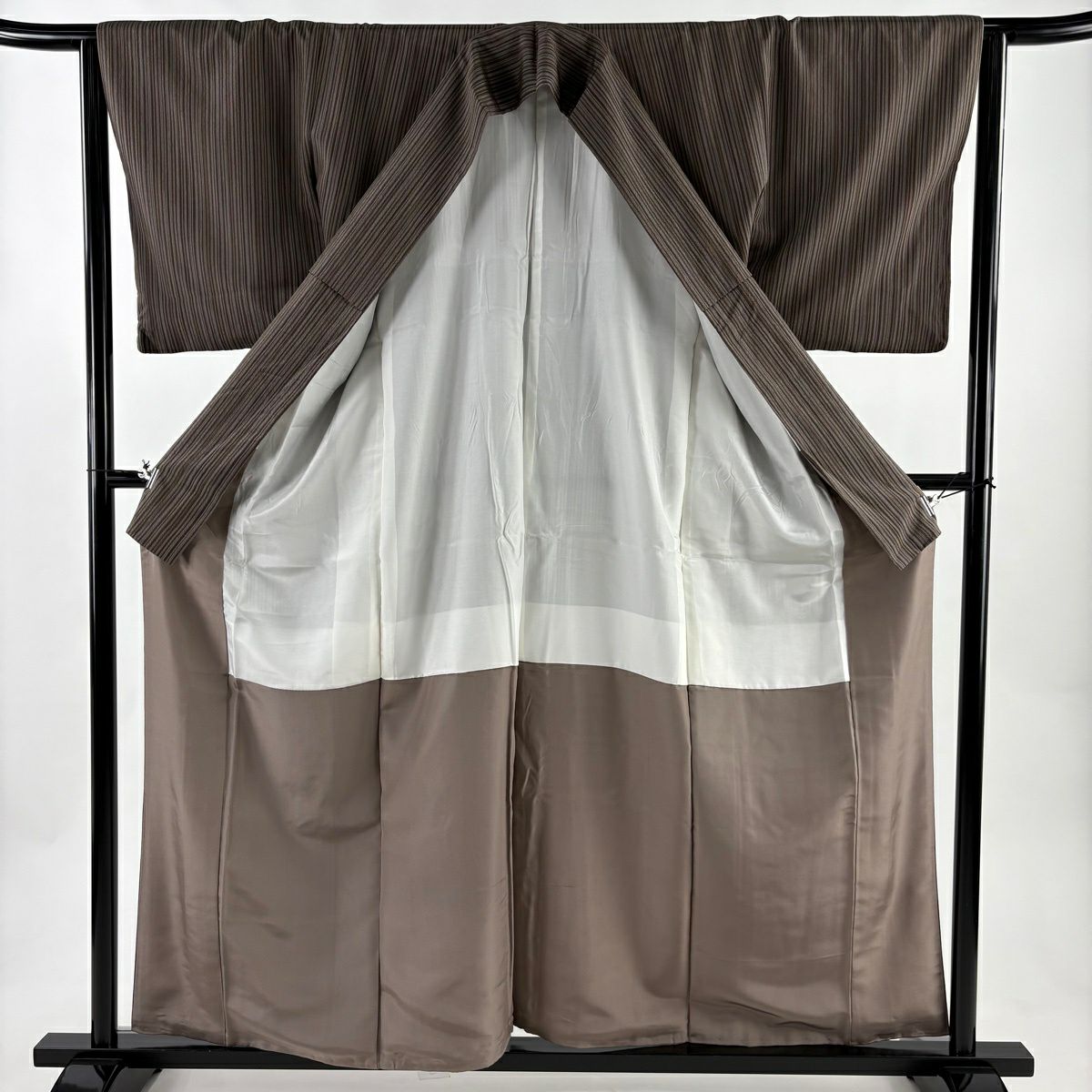 【美品】 紬織 身長158cm 袖長64cm M 雙層 縱條 茶 純蠶絲 秀品級