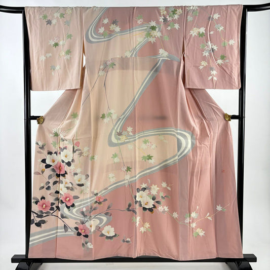 訪問服 身長155.5cm 袖長65cm M 雙層 大和 落款あり 流水 漸層 淺粉色 純蠶絲 優品級