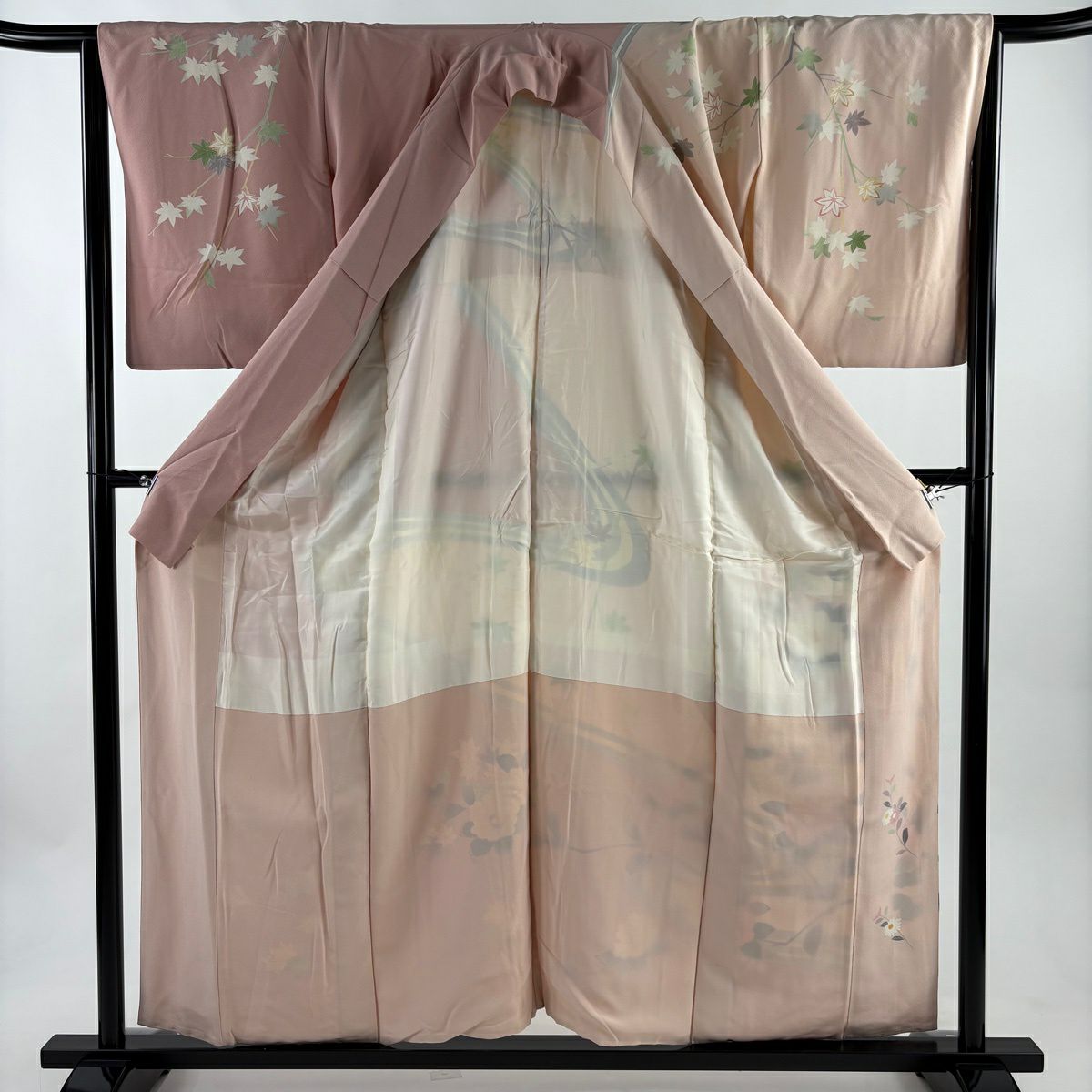 訪問服 身長155.5cm 袖長65cm M 雙層 大和 落款あり 流水 漸層 淺粉色 純蠶絲 優品級