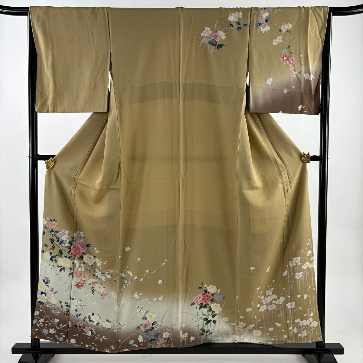 訪問服 身長156cm 袖長66cm M 雙層 草花紋紋 櫻花 漸層 淺茶 純蠶絲 優品級