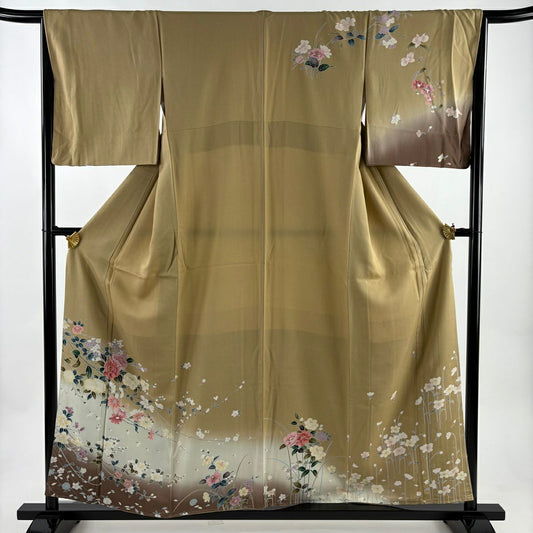 訪問服 身長156cm 袖長66cm M 雙層 草花紋紋 櫻花 漸層 淺茶 純蠶絲 優品級