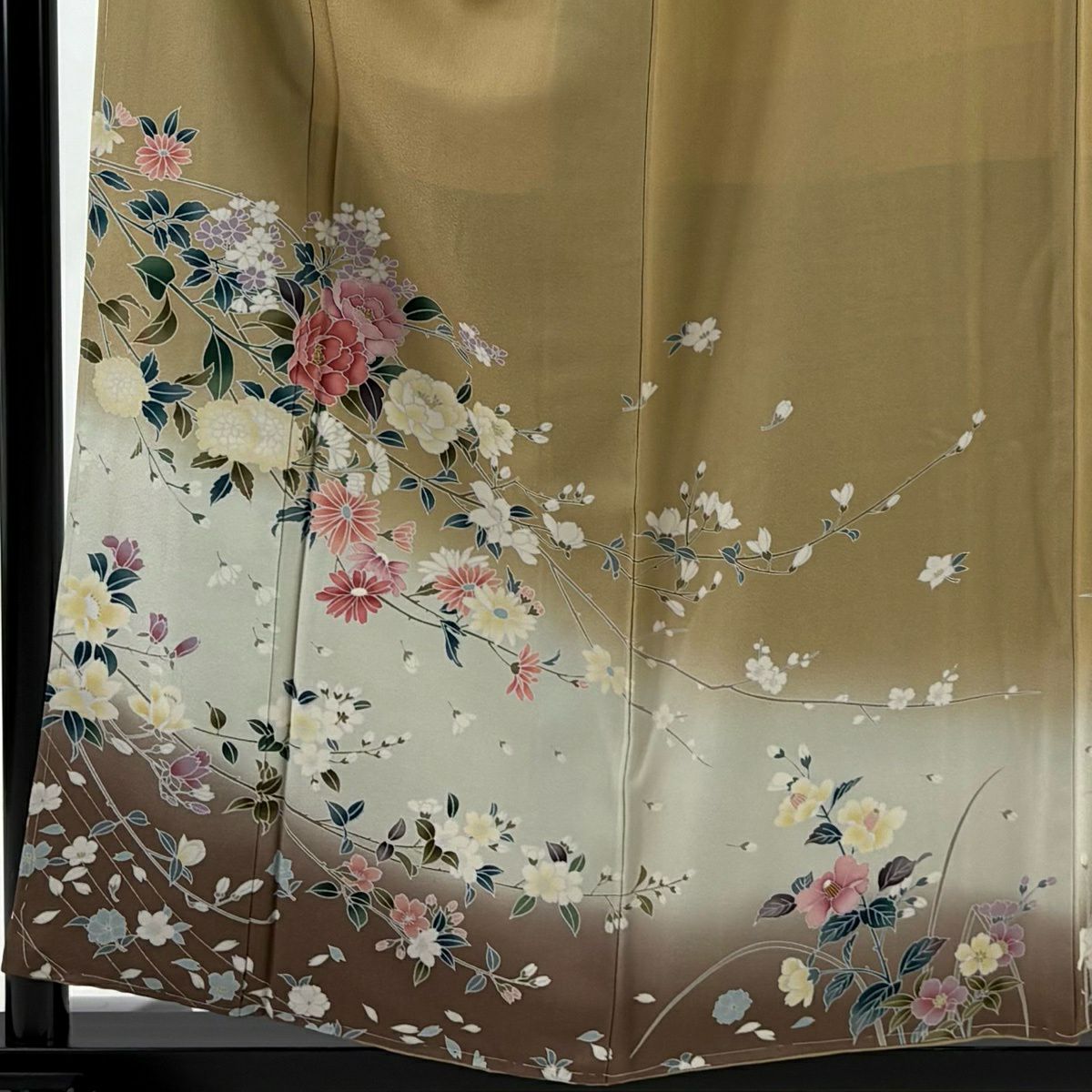 訪問服 身長156cm 袖長66cm M 雙層 草花紋紋 櫻花 漸層 淺茶 純蠶絲 優品級