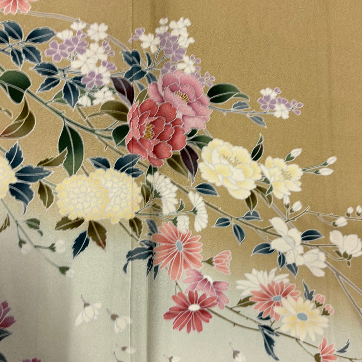 訪問服 身長156cm 袖長66cm M 雙層 草花紋紋 櫻花 漸層 淺茶 純蠶絲 優品級