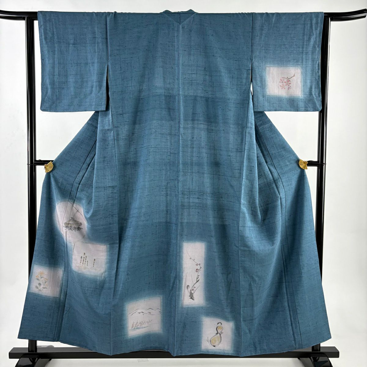 【美品】 付下 身長157cm 袖長63.5cm S 雙層 紬織織 笠 草花紋 綠灰 純蠶絲 秀品級