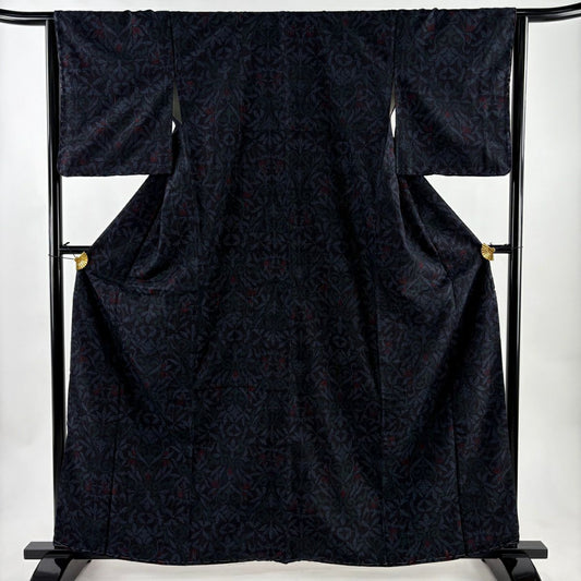【美品】 紬織 身長163cm 袖長64cm M 雙層 證書齊全 花唐草紋 草花紋紋 深藍 純蠶絲 優品級