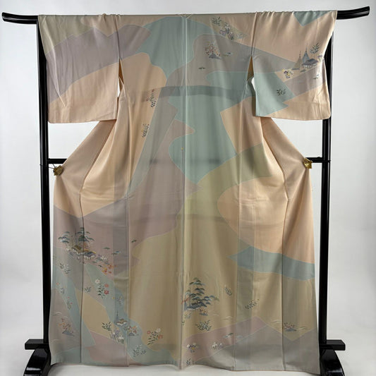 【美品】訪問服 身長169.5cm 袖長68cm L 雙層 家屋 松樹竹子梅花 粉米色 純蠶絲 秀品級