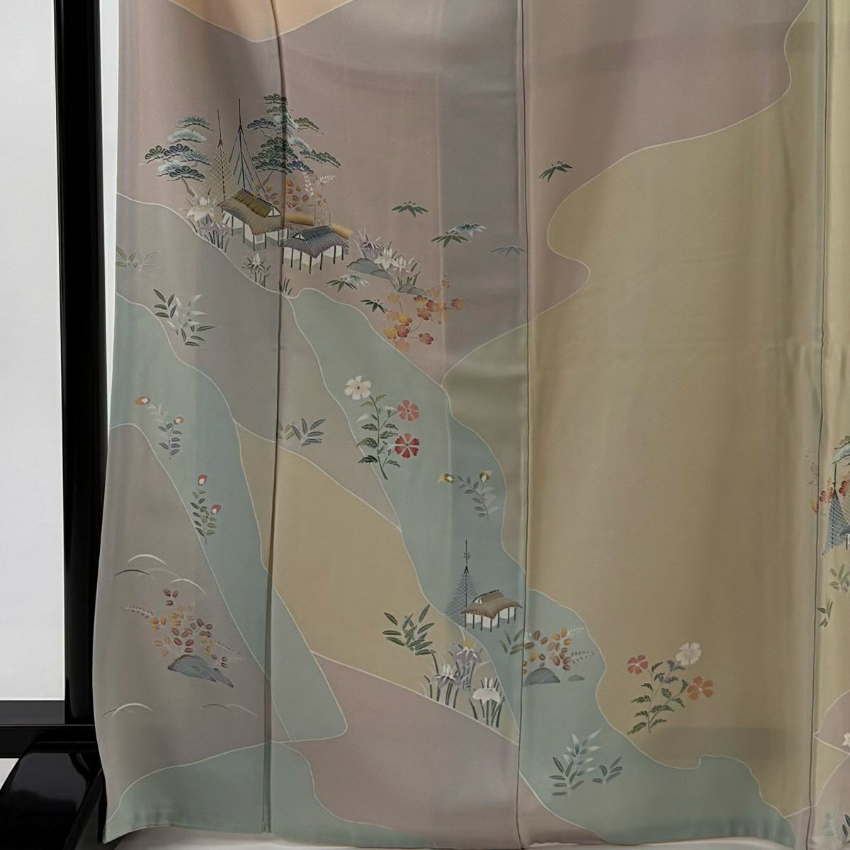 【美品】訪問服 身長169.5cm 袖長68cm L 雙層 家屋 松樹竹子梅花 粉米色 純蠶絲 秀品級