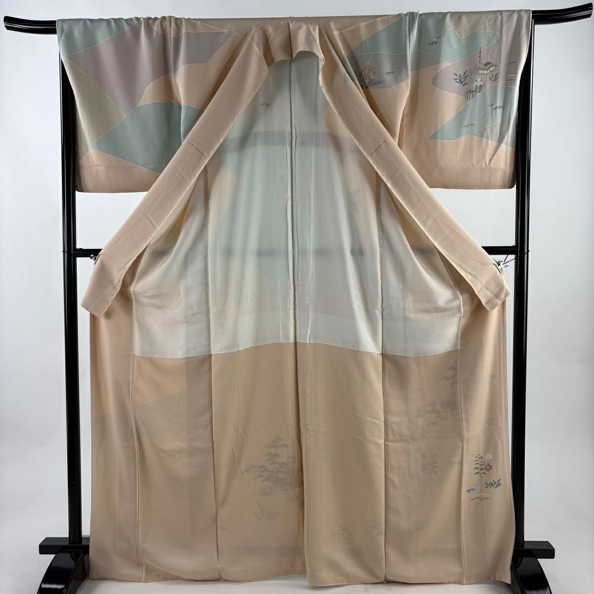 【美品】訪問服 身長169.5cm 袖長68cm L 雙層 家屋 松樹竹子梅花 粉米色 純蠶絲 秀品級