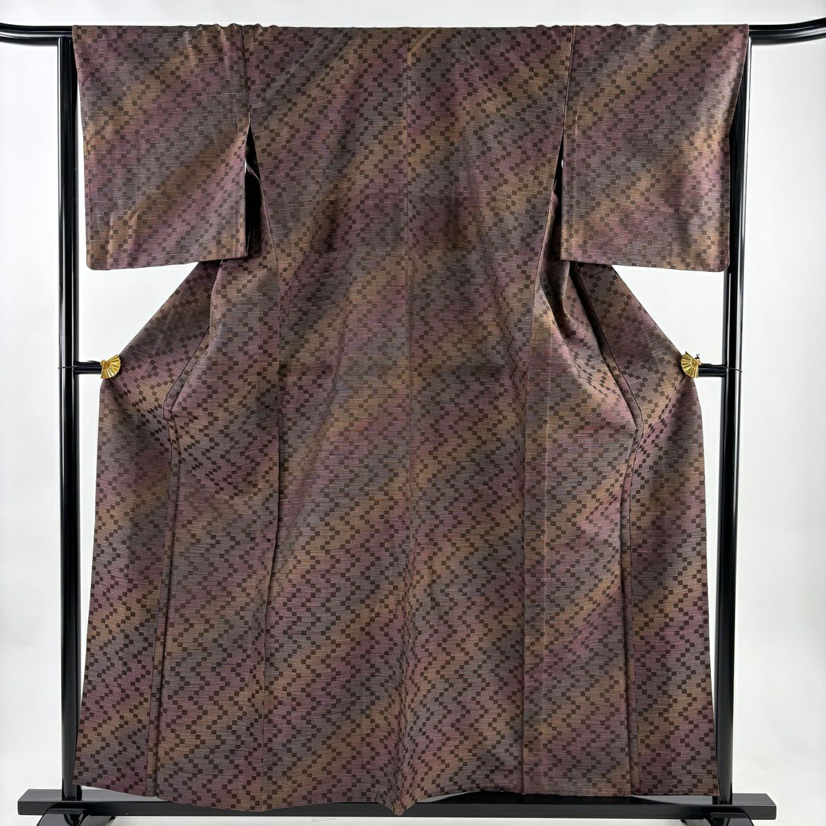 【美品】 紬織 身長159cm 袖長65cm M 單層 ほていや 幾何學 茶紫 純蠶絲 秀品級