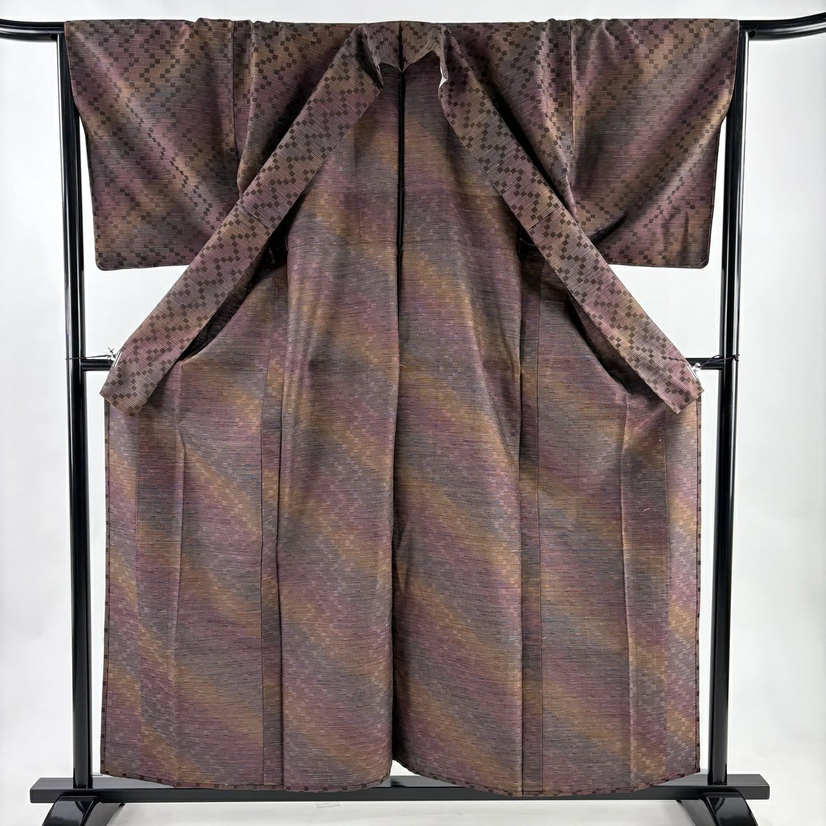 【美品】 紬織 身長159cm 袖長65cm M 單層 ほていや 幾何學 茶紫 純蠶絲 秀品級