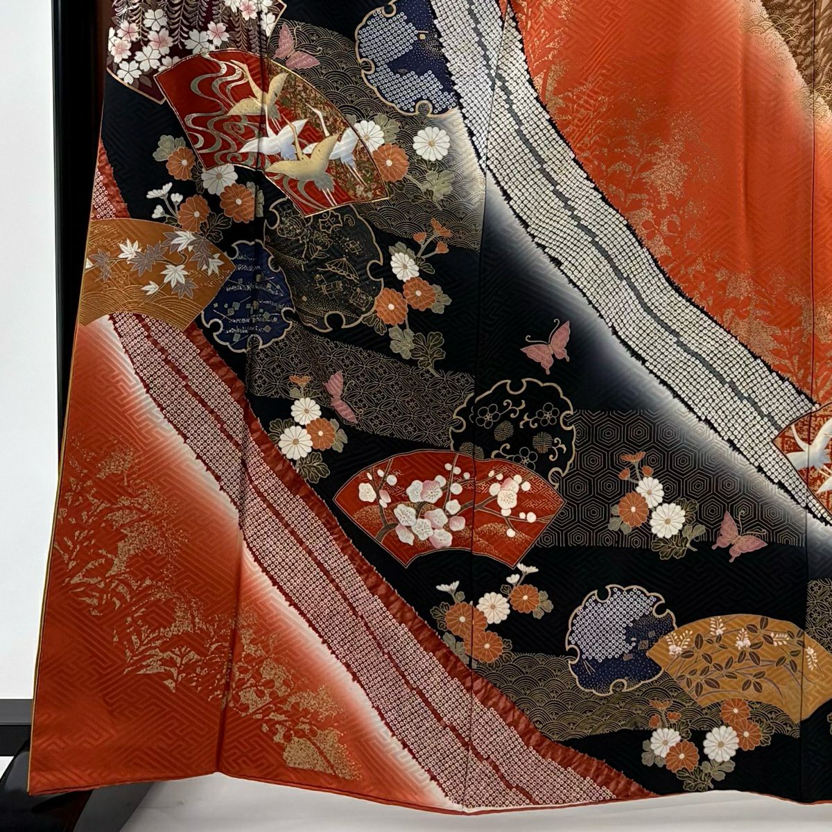 振袖禮服 身長164cm 袖長65cm M 雙層 落款あり 扇子面 雪輪 金絲 金銀彩 淺茶 純蠶絲 秀品級