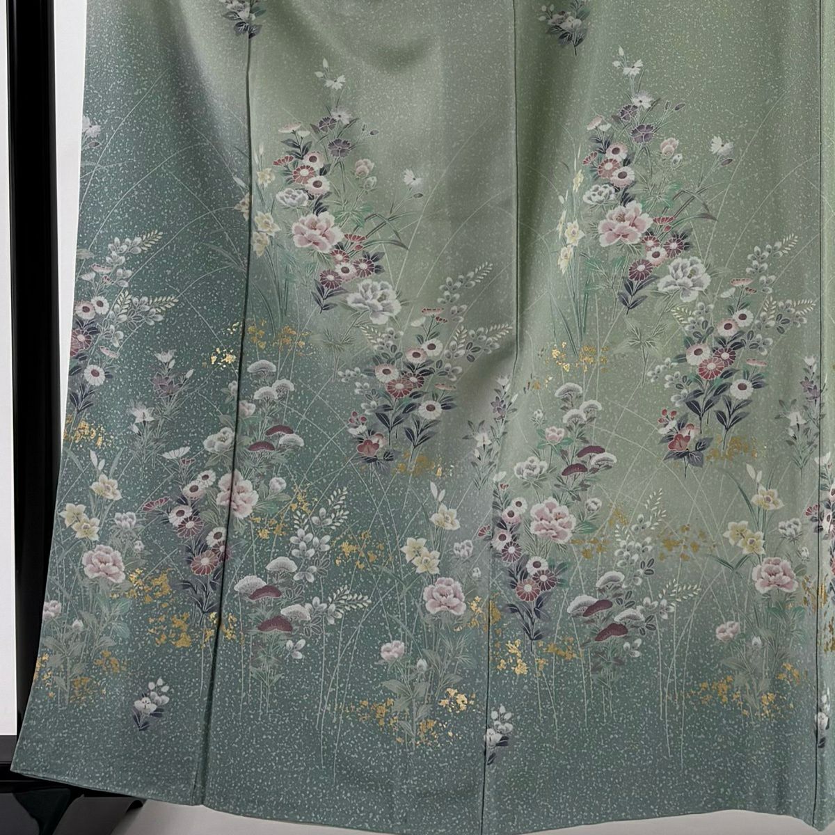 付下 身長162cm 袖長67cm M 雙層 落款 草花紋紋 金彩裝飾 漸層 淺綠 純蠶絲 優品級