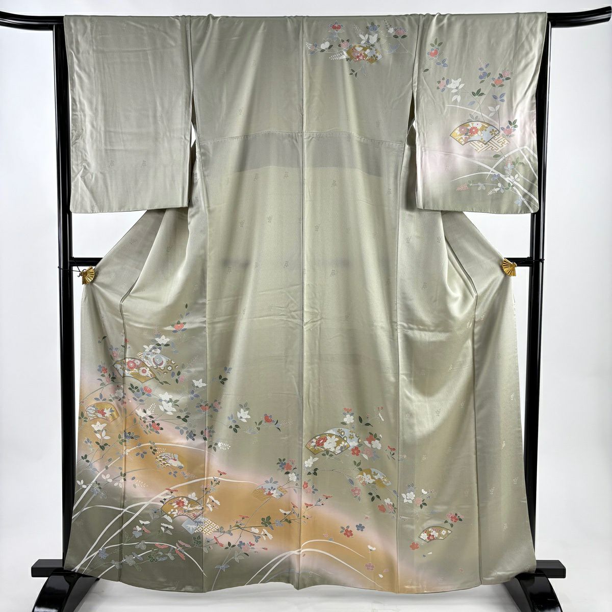 訪問服 身長162.5cm 袖長65cm M 雙層 扇子面 草花紋紋 金彩裝飾 漸層 灰綠 純蠶絲 秀品級